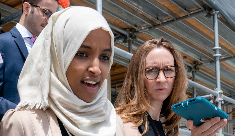 Rep. Ilhan Omar, D-Minnesota, speaks to the media.