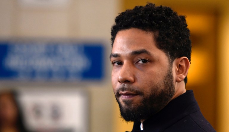 In this March 26, 2019 photo, actor Jussie Smollett talks to the media before leaving Cook County Court after his charges were dropped, in Chicago. 
