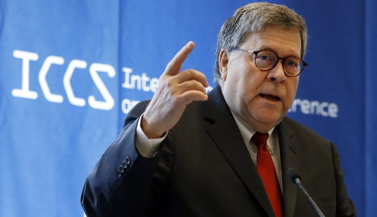 U.S. Attorney General William Barr addresses the International Conference on Cyber Security, hosted by the FBI and Fordham University, at Fordham University in New York, Tuesday, July 23, 2019. 