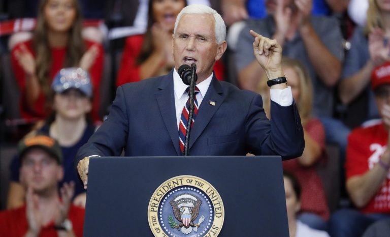 Vice President Mike Pence speaks at a campaign rally at U.S. Bank Arena, Thursday, Aug. 1, 2019, in Cincinnati. 