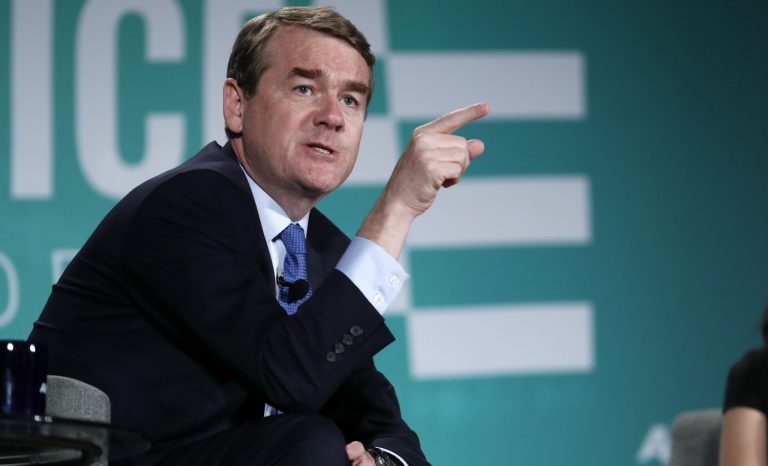 Democratic presidential candidate Sen. Michael Bennet, D-Colo., speaks during an American Federation of State, County and Municipal Employees public service forum in Las Vegas, Saturday, Aug. 3, 2019. 