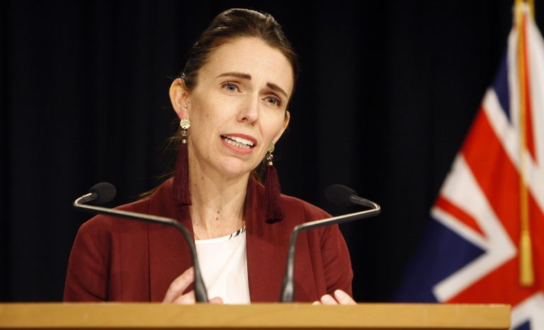 New Zealand Prime Minister Jacinda Ardern talks to the media Monday, Aug. 5, 2019, in Wellington, New Zealand. 