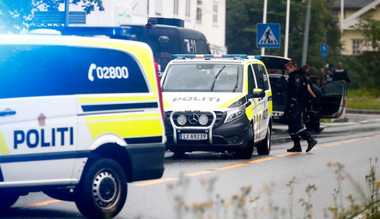 Police attend the scene after a shooting inside the al-Noor Islamic center mosque in Baerum outside Oslo, Norway, Saturday Aug. 10, 2019. 