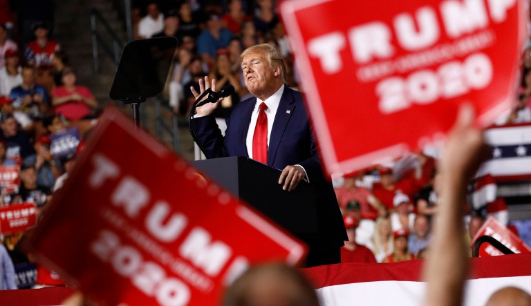 President Trump speaks at a campaign rally in Manchester, New Hampshire.