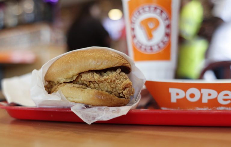 A chicken sandwich is seen at a Popeyes.