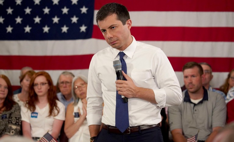 Democratic presidential candidate South Bend Mayor Pete Buttigieg listens to a question from the audience during a Veteran's and Mental Health Town Hall event at an American Legion Hall, Friday, Aug. 23, 2019, in Manchester, N.H. 