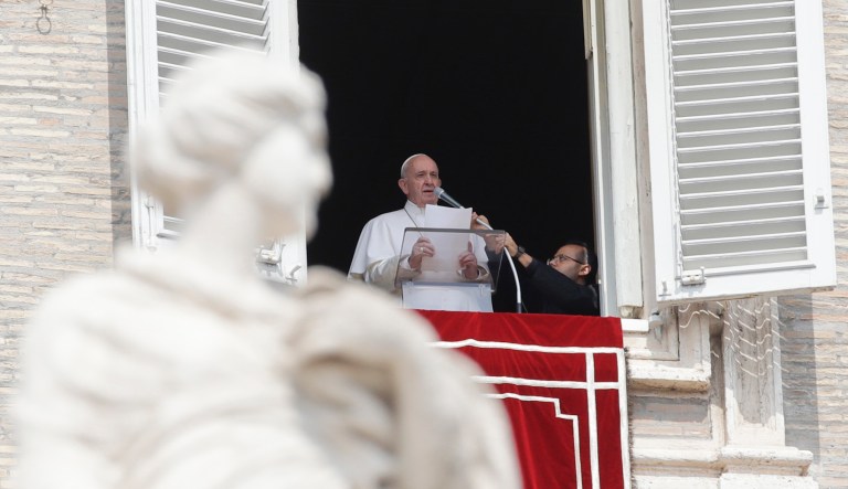 Pope Francis delivers his speech during the Angelus noon prayer from the window of his studio overlooking St. Peter's Square, at the Vatican, Sunday, Sept. 1, 2019. 
