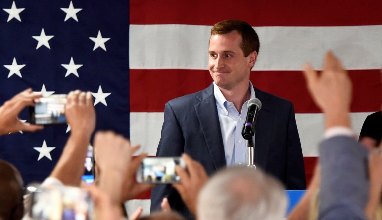 Democrat Dan McCready reacts after losing a special election for United States Congress in North Carolina's 9th Congressional District to Republican, Dan Bishop, on Tuesday in Charlotte, N.C. 