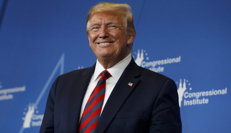 President Donald Trump pauses as he speaks at the 2019 House Republican Conference Member Retreat Dinner in Baltimore, Thursday, Sept. 12, 2019. 