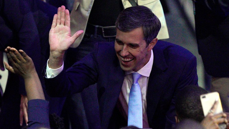 Democratic presidential candidate former Texas Rep. Beto O'Rourke greets supporters Thursday, Sept. 12, 2019, after a Democratic presidential primary debate hosted by ABC at Texas Southern University in Houston. (AP Photo/David J. Phillip)