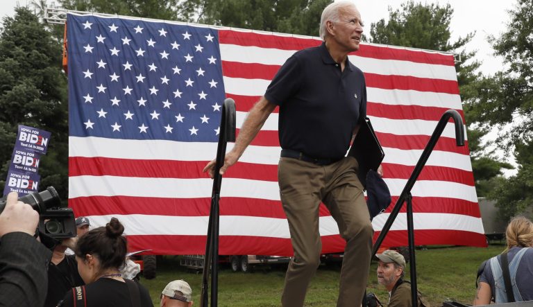 Democratic presidential candidate former Vice President Joe Biden walks on stage to speak at the Polk County Democrats Steak Fry, Saturday, Sept. 21, 2019, in Des Moines, Iowa. 
