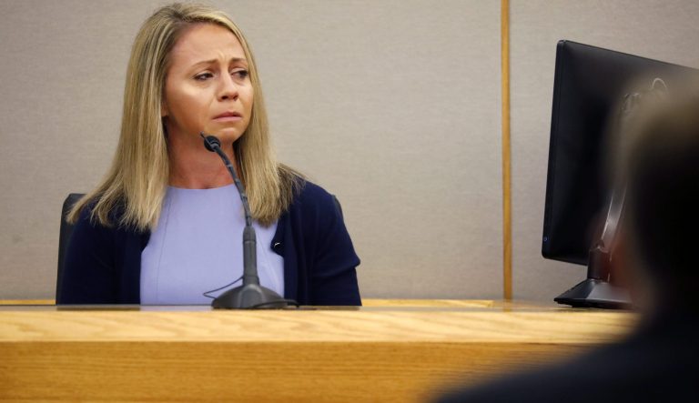 Fired Dallas police officer Amber Guyger becomes emotional as she testifies in her murder trial, Friday, Sept. 27, 2019, in Dallas.