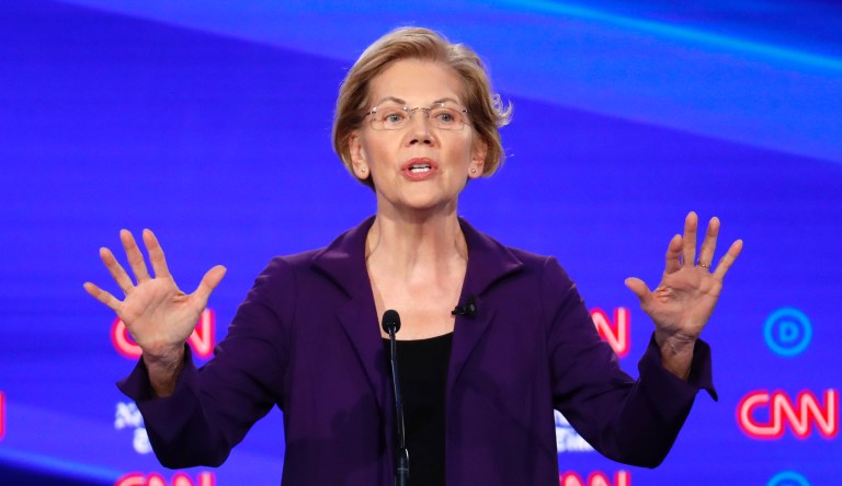 Democratic presidential candidate Sen. Elizabeth Warren, D-Mass., speaks in a Democratic presidential primary debate hosted by CNN/New York Times at Otterbein University, Tuesday, Oct. 15, 2019, in Westerville, Ohio.