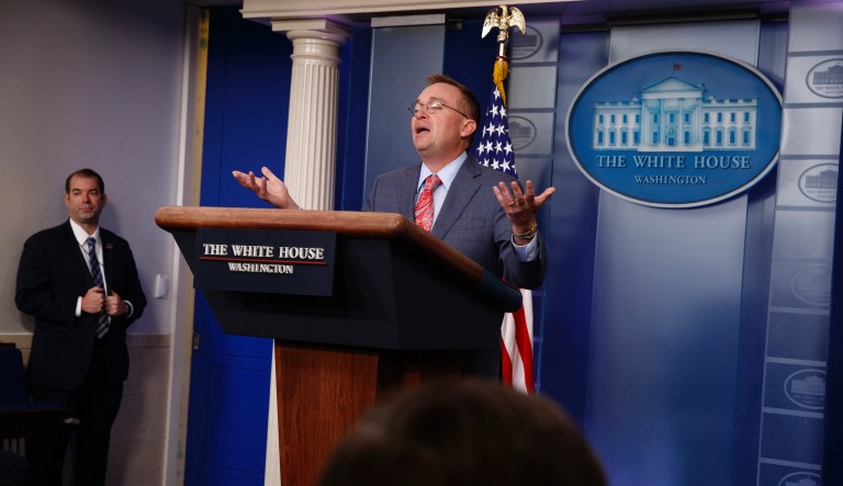 White House chief of staff Mick Mulvaney announces that the G7 will be held at Trump National Doral, Thursday, Oct. 17, 2019, in Washington. 