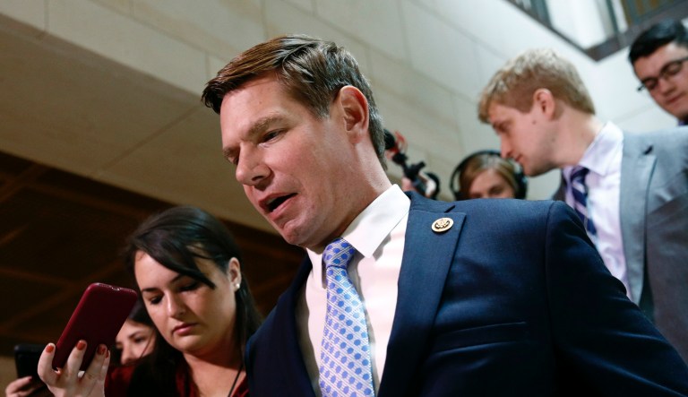 Rep. Eric Swalwell, D-Calif., arrived for a closed door meeting to testify as part of the House impeachment inquiry into President Donald Trump, Tuesday, Oct. 29, 2019, in Washington. 