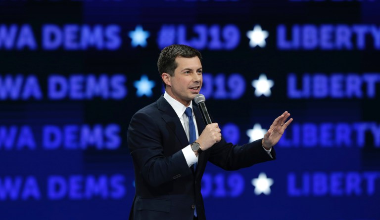 Democratic presidential candidate South Bend, Ind., Mayor Pete Buttigieg speaks during the Iowa Democratic Party's Liberty and Justice Celebration, Friday, Nov. 1, 2019, in Des Moines, Iowa.