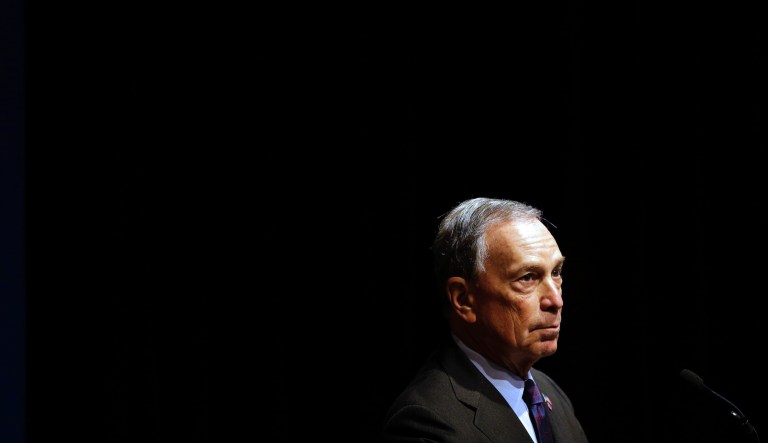 This photo from Monday, Jan. 14, 2013, shows New York City Mayor Michael Bloomberg speaking at a gun violence summit at Johns Hopkins Bloomberg School of Public Health in Baltimore, Md. 