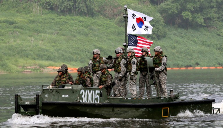 U.S. and South Korean Army soldiers cross Nam Han river during a joint military exercise between the U.S. and South Korea in Yeoncheon near the border with North Korea, in South Korea.