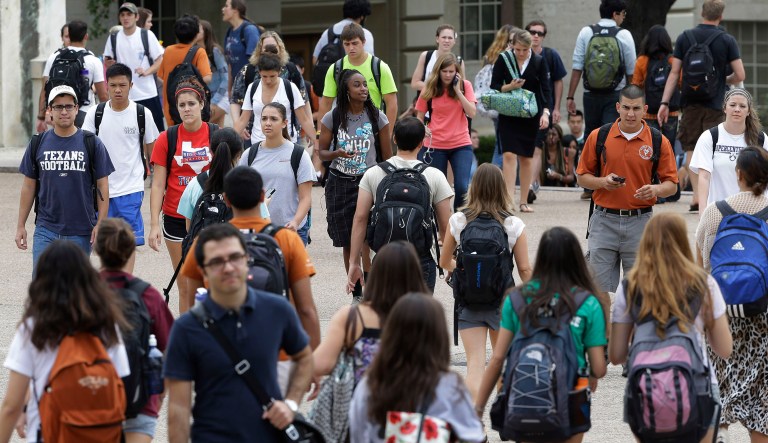 Students walk through the University of Texas at Austin campus in Austin, Texas. This giant flagship campus â once so slow to integrate â is now awash in color, among the most diverse the country, if not the world. The student body, like Texas, is majority-minority. 