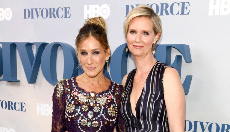 Sarah Jessica Parker, left, and Cynthia Nixon attend the premiere of HBO's "Divorce" at the SVA Theatre on Tuesday, Oct. 4, 2016, in New York. 