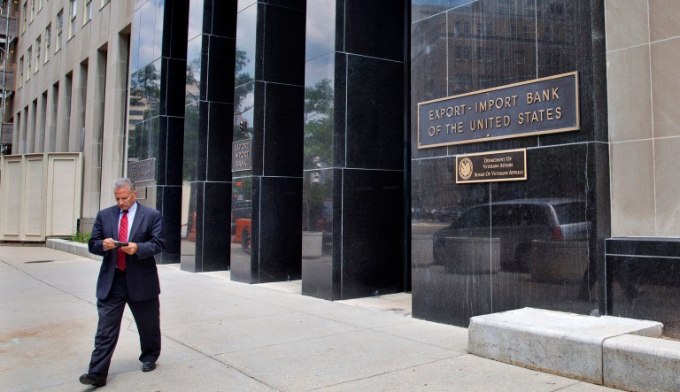 In this July 28, 2015, file photo, a man walks out of the Export-Import Bank of the U.S. in Washington.