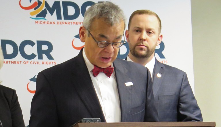 Michigan Department of Civil Rights Director Agustin Arbulu speaks about a new service animal law on Wednesday, Jan. 13, 2016, in Lansing, Mich.