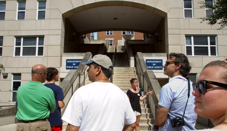 Prospective students and their parents tour Georgetown University's campus in Washington.