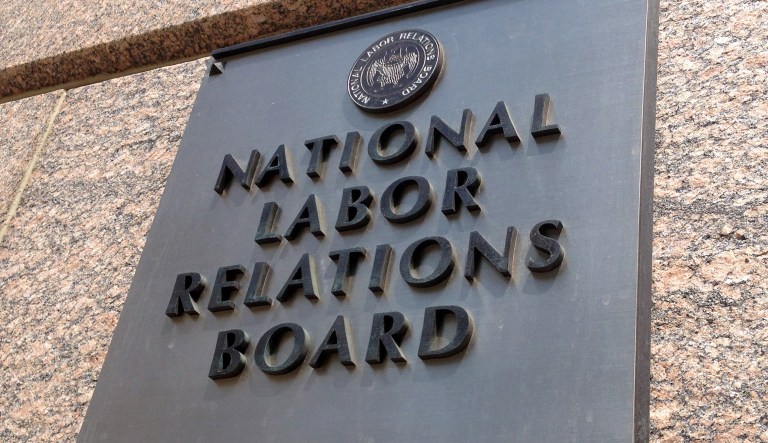 The sign for the National Labor Relations Board seen on the building that houses their headquarters in downtown Washington.
