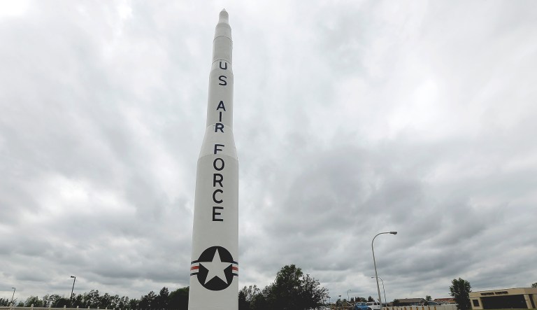 A retired Minuteman 1 missile stands at the main entrance to Minot Air Force Base, N.D. 