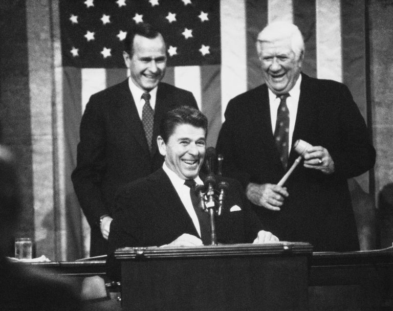 President Ronald Reagan receiving applause prior to making his State of the Union Address on Capitol Hill in Washington in 1983. 