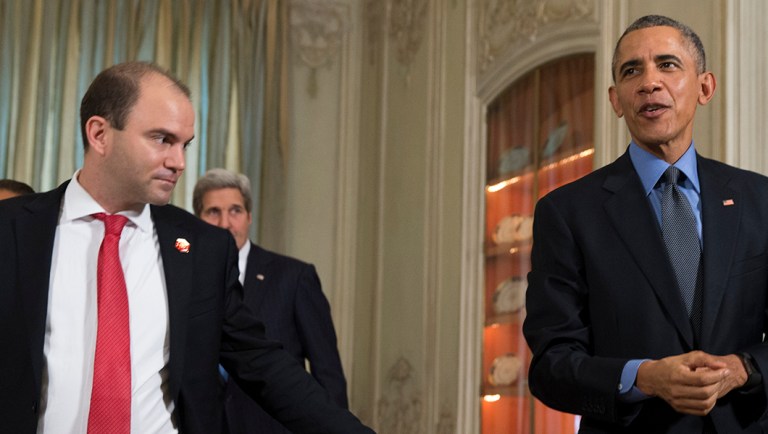 Former President Barack Obama, right, and Ben Rhodes, left. (AP Photo/Evan Vucci)