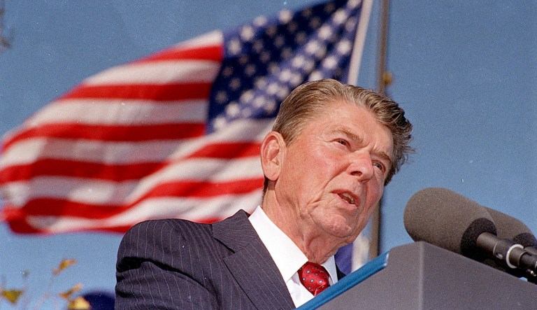 Ronald Reagan addresses an audience in Simi Valley, Calif.