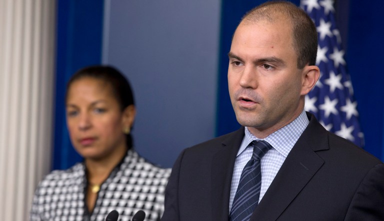 Ben Rhodes, then-deputy national security adviser for strategic communications and speechwriting (right), accompanied by national security adviser Susan Rice, speak at a White House press conference.
