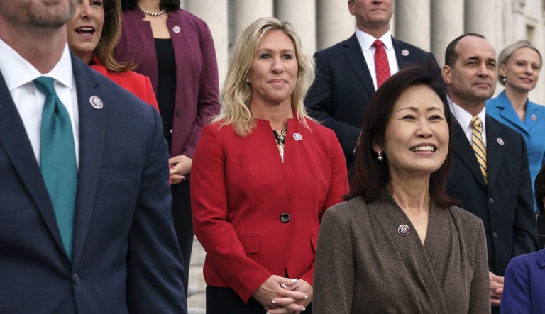 Rep. Marjorie Taylor Greene, R-Ga., speaks during a news conference.