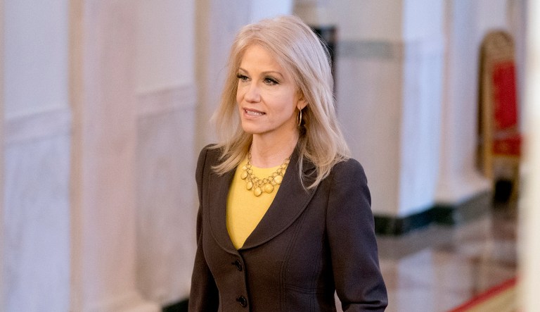 Counselor to the president Kellyanne Conway arrives for a ceremony in the East Room of the White House in Washington.