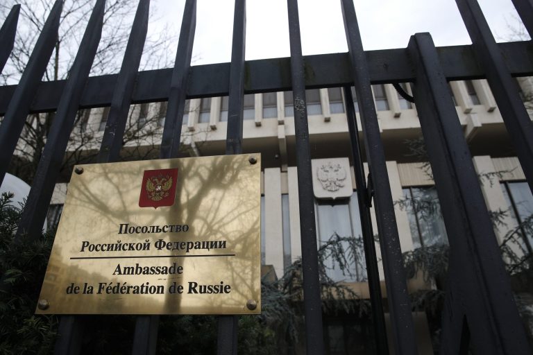 The Russian Embassy is pictured in Paris, Monday, March 26, 2018. France's Foreign Ministry says French authorities have decided to expel four Russian diplomats by next week in a show of solidarity with Britain following the poisoning of a former spy. (AP Photo/Christophe Ena)
