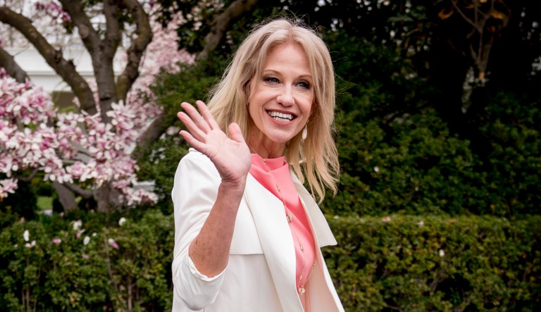 White House counselor Kellyanne Conway arrives at the annual White House Easter Egg Roll on the South Lawn of the White House. 