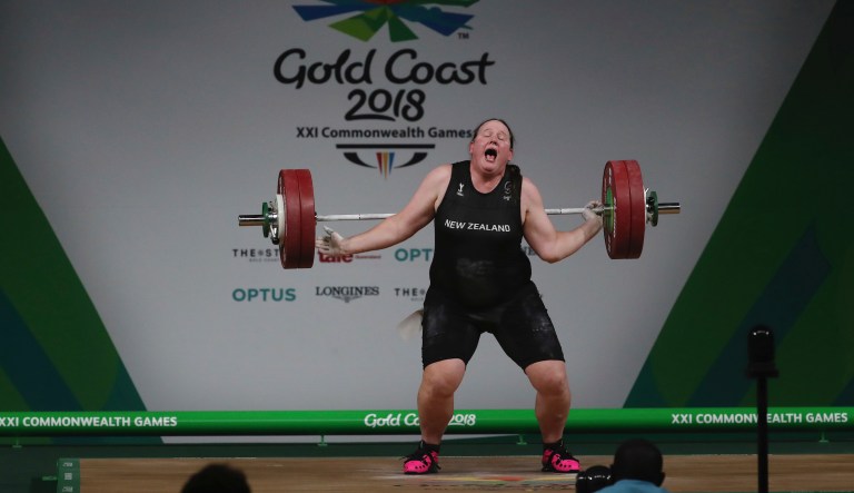 New Zealand's Laurel Hubbard reacts after failing to make a lift in the snatch of the women's +90kg weightlifting final at the 2018 Commonwealth Games on the Gold Coast, Australia, Monday, April 9, 2018.