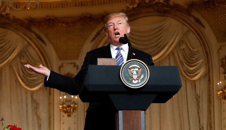 President Donald Trump and Japanese Prime Minister Shinzo Abe speak during a news conference at Trump's private Mar-a-Lago club, Wednesday, April 18, 2018, in Palm Beach, Fla.