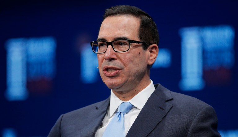 Treasury Secretary Steven Mnuchin speaks during a discussion at the Milken Institute Global Conference, in Beverly Hills, Calif. 