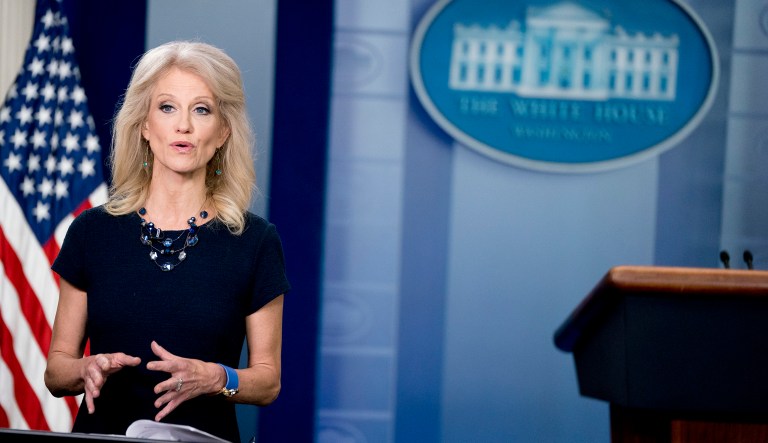 White House counselor Kellyanne Conway speaks on television in the Briefing Room. 