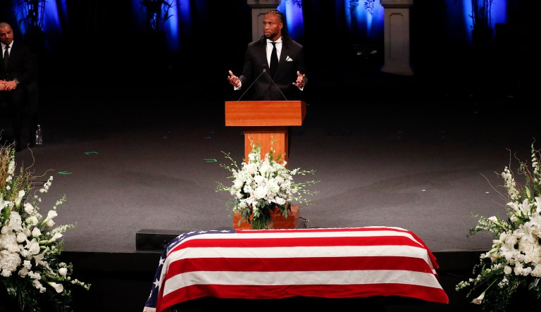 Arizona Cardinals wide receiver Larry Fitzgerald gives a tribute during memorial service at North Phoenix Baptist Church for Sen. John McCain, R-Ariz., on Thursday in Phoenix. 