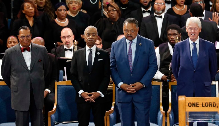 Former President Bill Clinton was seated near Nation of Islam leader Louis Farrakhan at the funeral service for singer Aretha Franklin at Greater Grace Temple on Aug. 31, 2018, in Detroit.