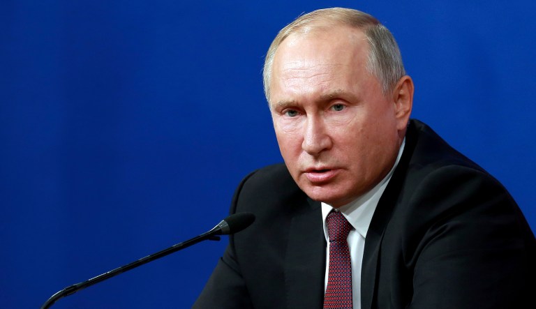 Russia's President Vladimir Putin speaks in a joint press conference with Iran's President Hassan Rouhani and Turkey's President Recep Tayyip Erdogan in Tehran, Iran.  