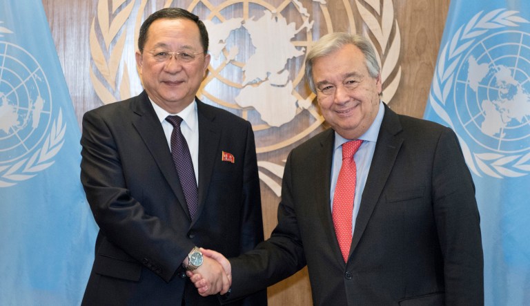 Ri Yong Ho (left), Minister for Foreign Affairs of the Democratic People's Republic of Korea, is greeted by United Nations Secretary General Antonio Guterres during the United Nations General Assembly at U.N. Headquarters. 