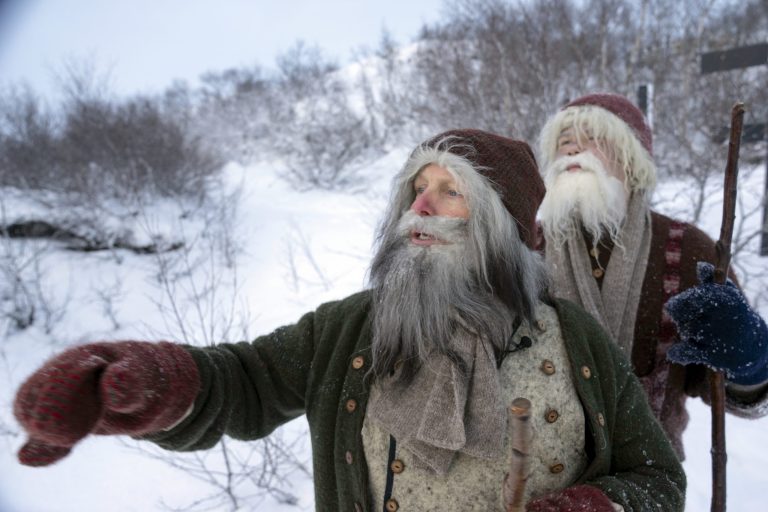 Local actors at the Dimmuborgir lava field in northern Iceland on Saturday Dec. 8, 2018, pose as the Icelandic Yule Lads, a band of mischievous troll brothers that have taken the role of Father Christmas. Instead of a friendly Santa Claus, children in Iceland enjoy favors from 13 mischievous troll brothers that arrive from the mountains thirteen days before Christmas. 