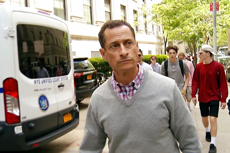 In this image made from video, disgraced ex-Congressman Anthony Weiner leaves a federal courthouse where the Probation Department is located, in New York, Wednesday, May 15, 2019. Weiner visited his probation officer a day after leaving a halfway house at the conclusion of a 21-month prison sentence for his illegal internet contact with a 15-year-old girl.