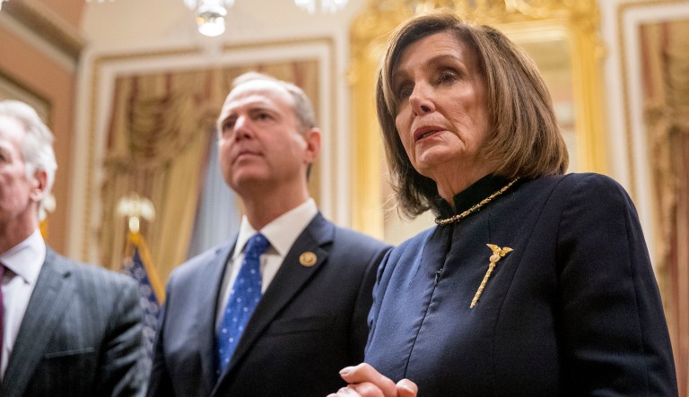 House Intelligence Committee Chairman Adam Schiff and House Speaker Nancy Pelosi meet with other House leadership in a private room just off the House floor after the House votes to impeach President Trump on Dec. 18, 2019, in Washington.