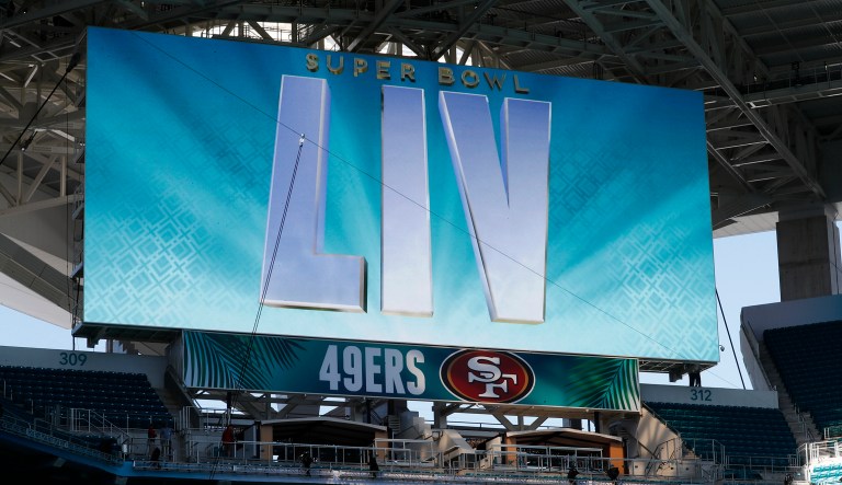 A scoreboard is seen during a tour of Hard Rock Stadium on Tuesday, Jan. 21, 2020, ahead of a NFL Super Bowl LIV football game in Miami Gardens, Florida. 