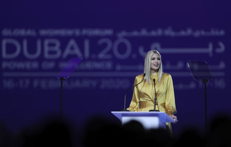 Ivanka Trump, the daughter and senior adviser to President Trump, delivers a keynote address at Global Women's Forum in Dubai, United Arab Emirates, Sunday.